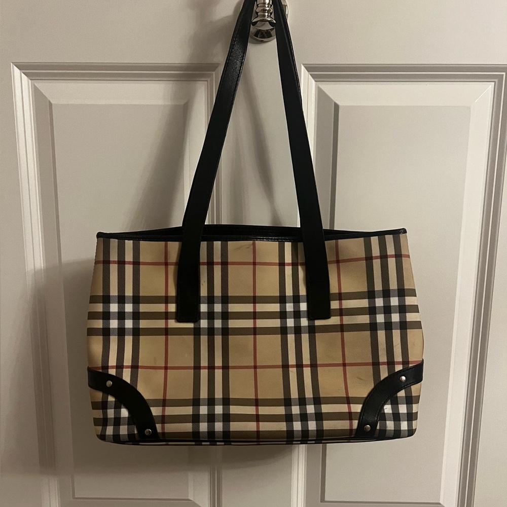 Burberry Black and Tan large Tote Bag with Iconic Check Pattern